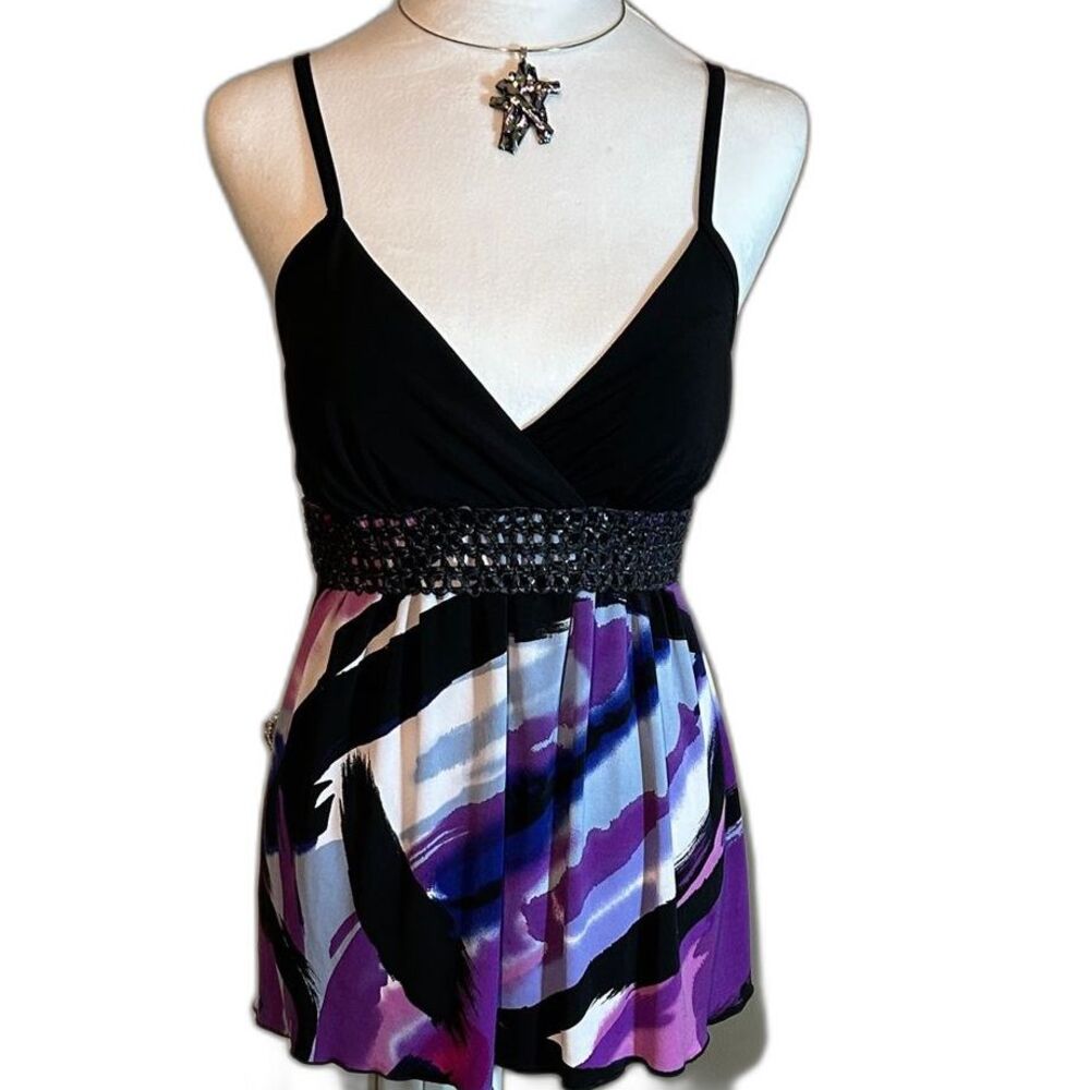 Vintage A. Byer Y2K Tank Top Black Purple Geometric Whimsigoth Strappy Cami M
